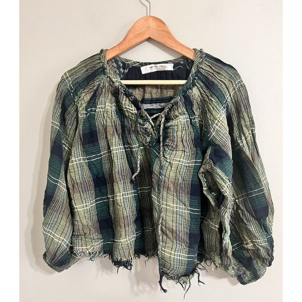 Free People Plaid Tunic Top Oversize Raw Hem Pullover Green Cloudbreaker XS - Picture 3 of 9